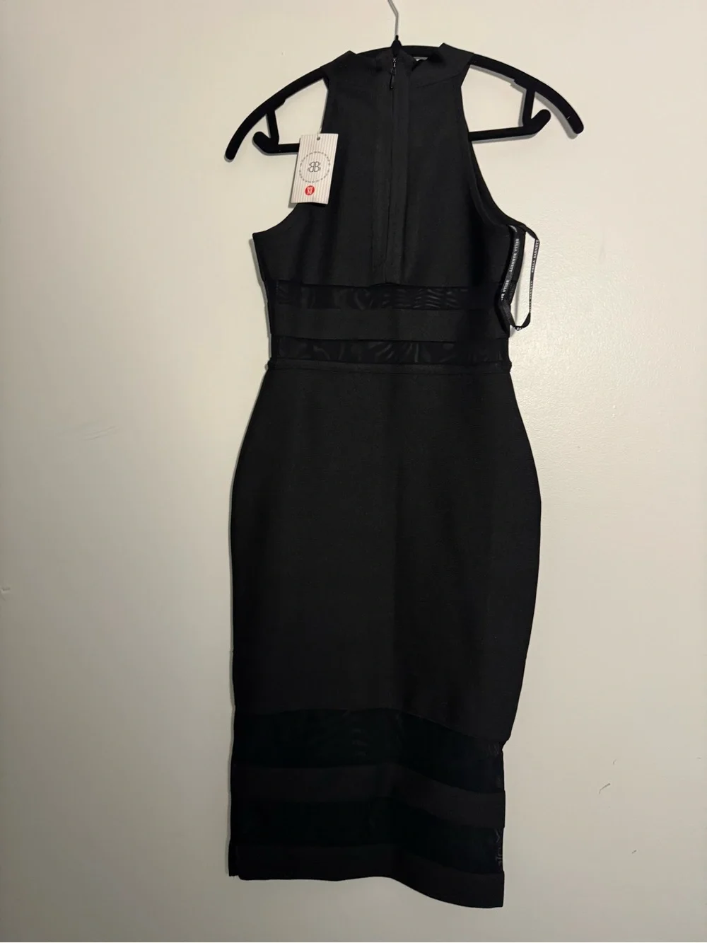 High-Neck Black Midi Bodycon Dress with Mesh Insets - Picture 8 of 8